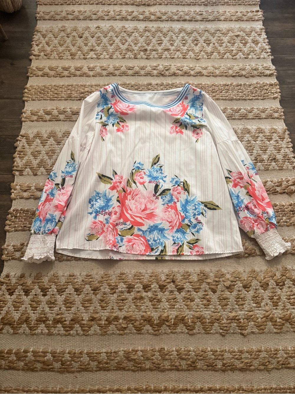 SHEIN White Floral Blouse with Pink & Blue Blooms